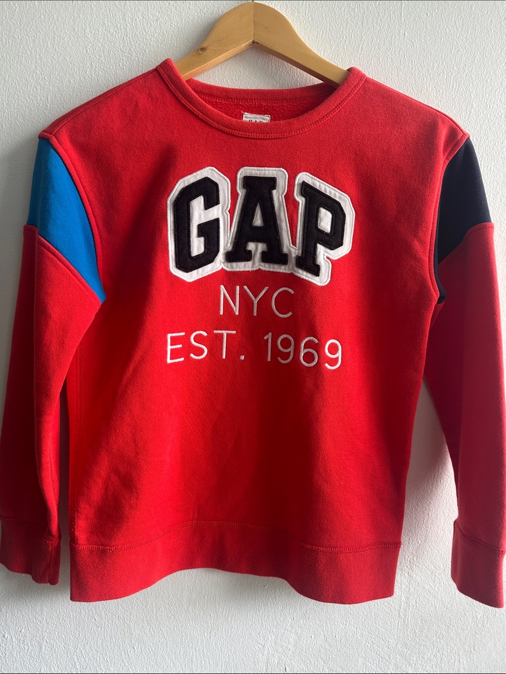 GAP Red Logo Sweatshirt with Blue & Black Sleeve Accents